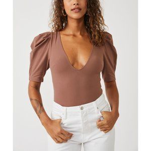Free People Deep V Puff Sleeve Bodysuit | Medium | Brown